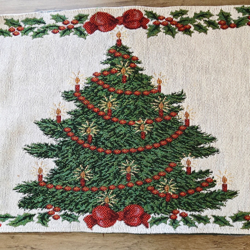 Christmas Tree Table Runner Holly Berries Candles Bows Holiday Decor